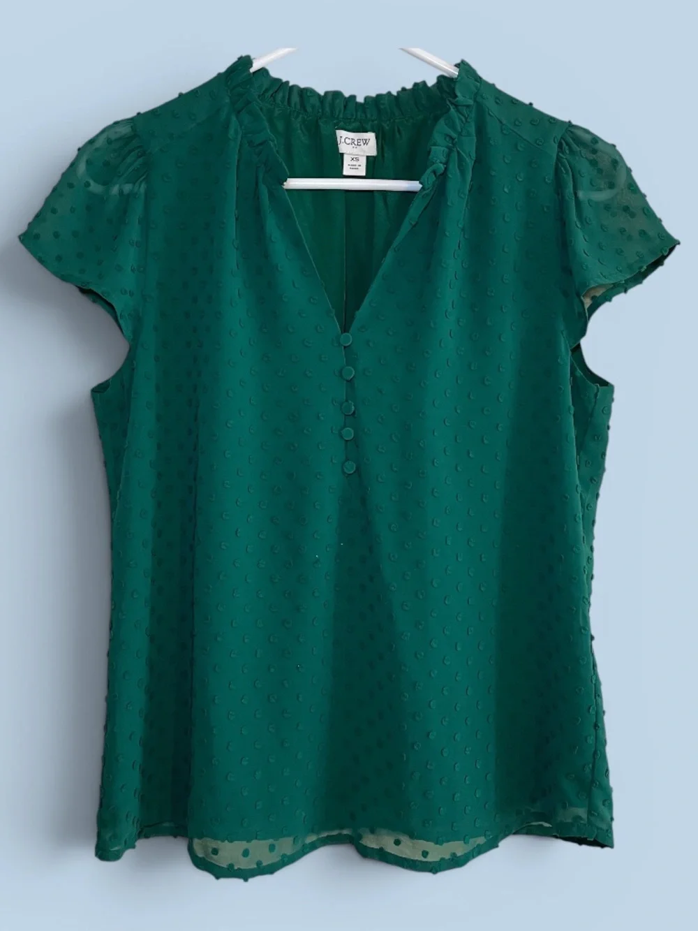 J. Crew Factory Forest Green Dotted Swiss Cap Sleeve V-Neck Blouse Size XS